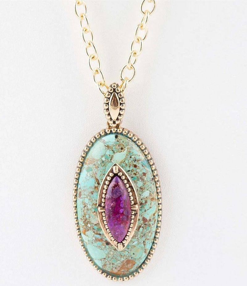 Barse Stone Blue and Purple Turquoise Golden Pendant Chain Necklace