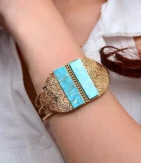 Barse Bronze and Turquoise Tooled Cuff Bracelet