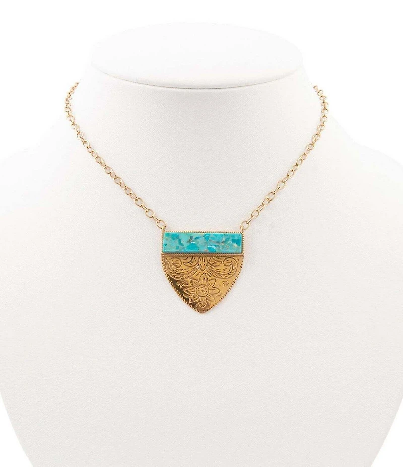 Barse Bronze and Turquoise Tooled Short Pendant Necklace