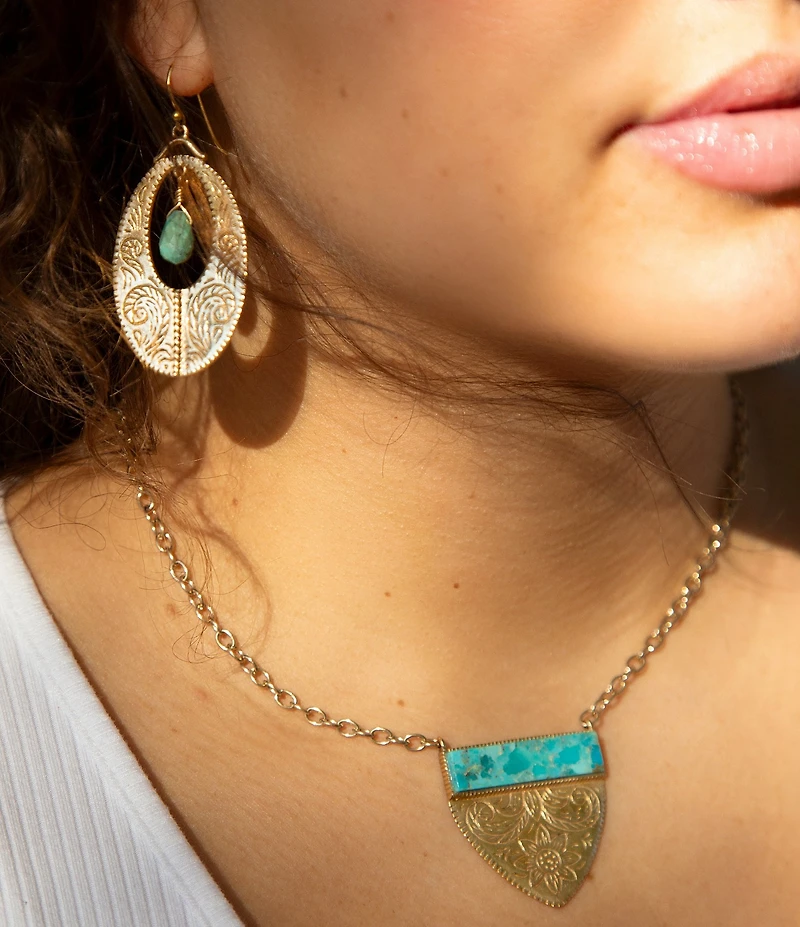 Barse Bronze and Turquoise Tooled Short Pendant Necklace