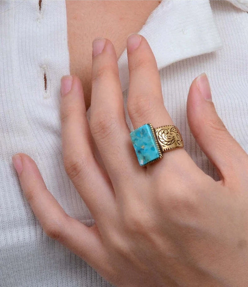 Barse Bronze and Turquoise Tooled Statement Ring