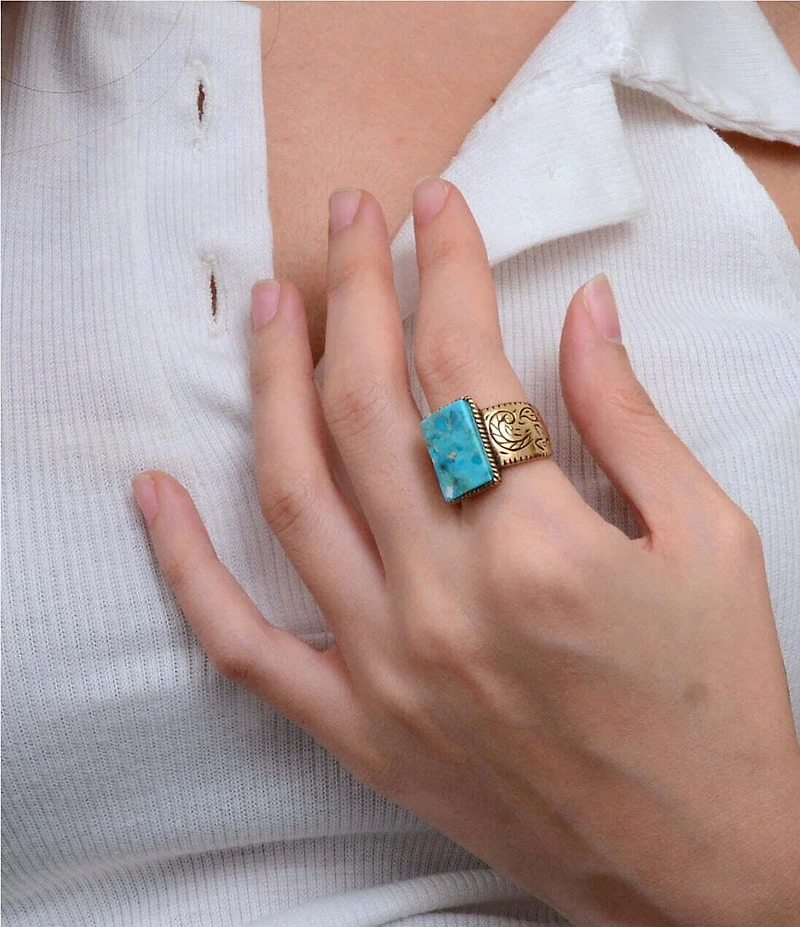 Barse Bronze and Turquoise Tooled Statement Ring