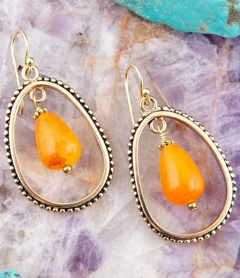 Barse Inline Orange Jade Drop Golden Earrings