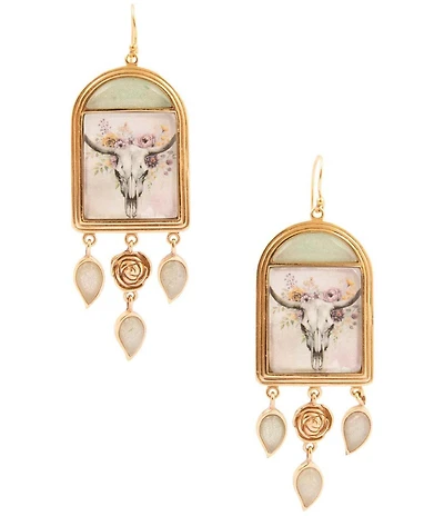 Barse Bronze Floral Steer Aventurine Chandelier Earrings