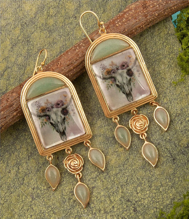 Barse Bronze Floral Steer Aventurine Chandelier Earrings