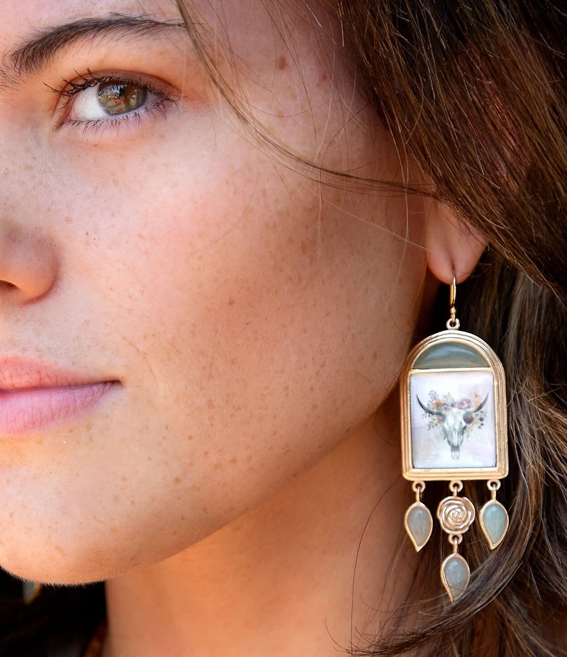 Barse Bronze Floral Steer Aventurine Chandelier Earrings