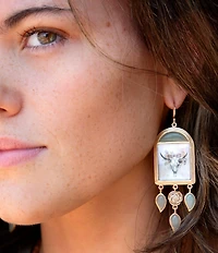 Barse Bronze Floral Steer Aventurine Chandelier Earrings