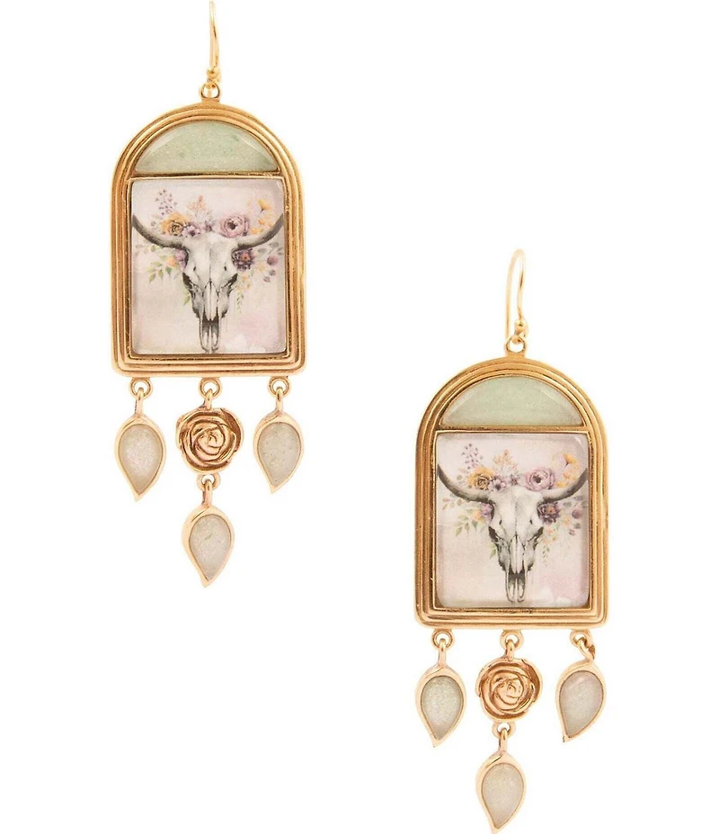 Barse Steer Skull Green Aventurine Golden Drop Earrings