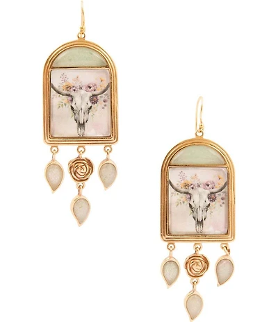 Barse Steer Skull Green Aventurine Golden Drop Earrings