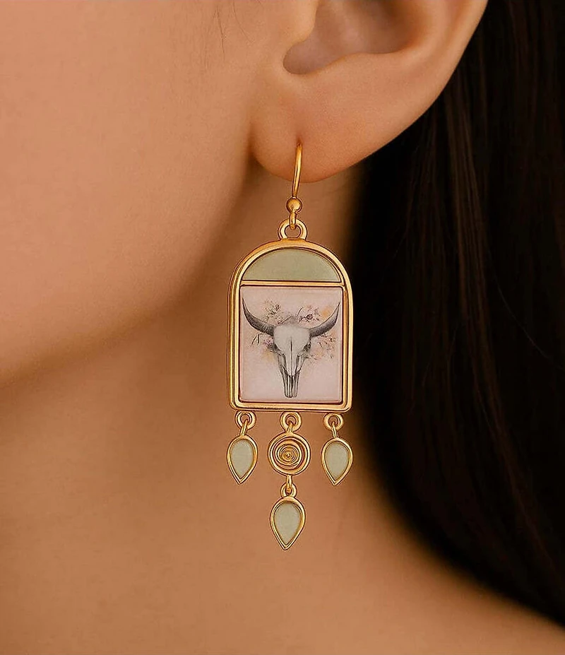 Barse Steer Skull Green Aventurine Golden Drop Earrings