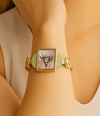 Barse Bronze Floral Steer Aventurine Cuff Bracelet