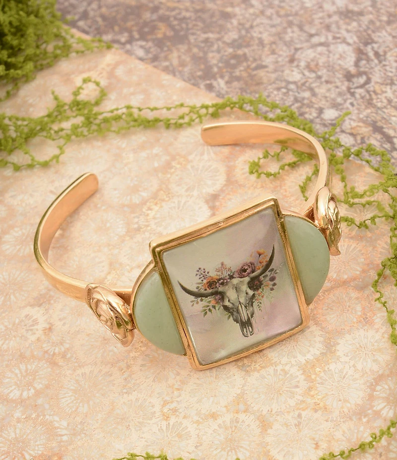 Barse Bronze Floral Steer Aventurine Cuff Bracelet