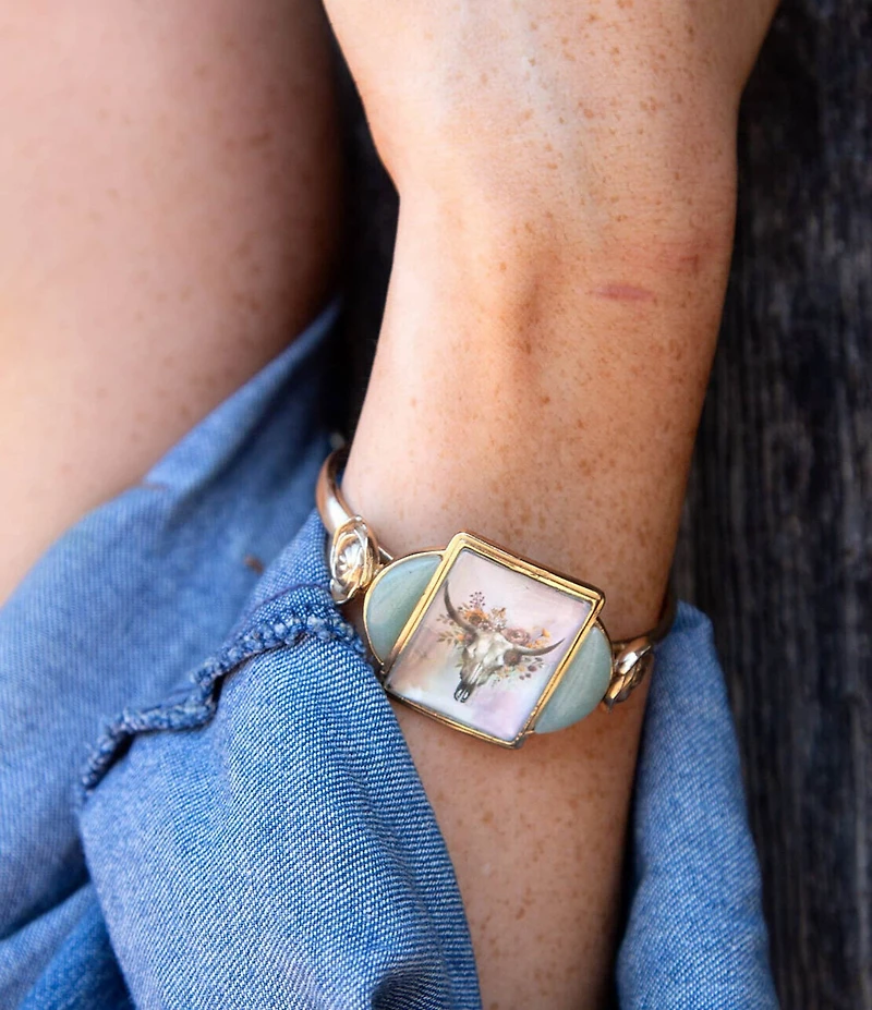 Barse Bronze Floral Steer Aventurine Cuff Bracelet