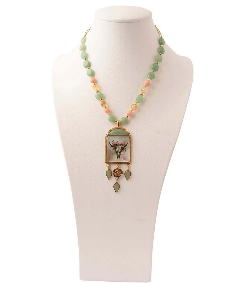 Barse Bronze Floral Steer Aventurine Short Pendant Necklace