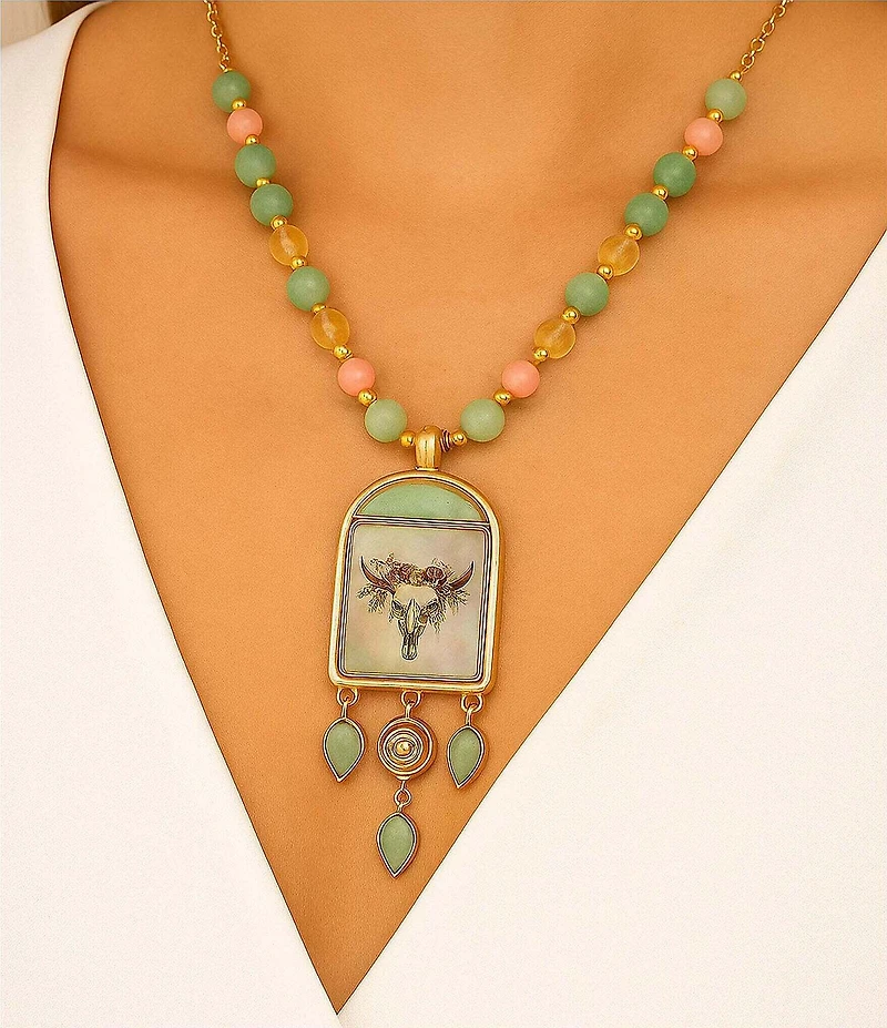 Barse Bronze Floral Steer Aventurine Short Pendant Necklace
