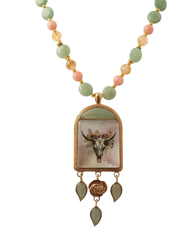 Barse Steer Skull Green Aventurine Golden Pendant Necklace