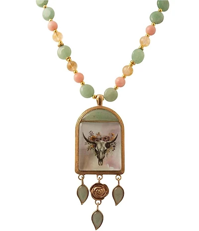 Barse Steer Skull Green Aventurine Golden Pendant Necklace