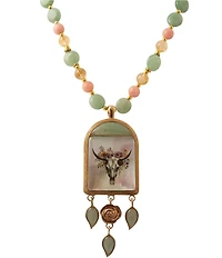 Barse Steer Skull Green Aventurine Golden Pendant Necklace
