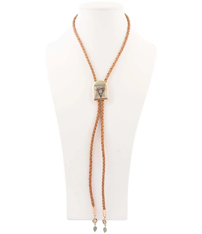 Barse Steer Skull Green Aventurine Golden Leather Bolo Necklace