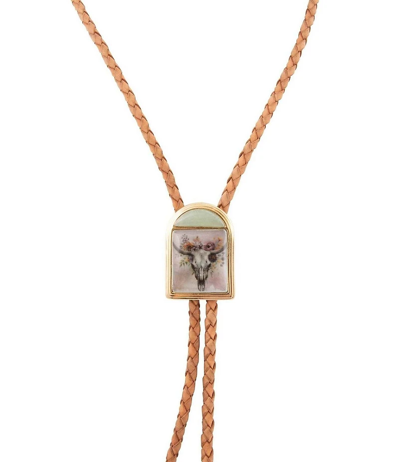 Barse Steer Skull Green Aventurine Golden Leather Bolo Necklace