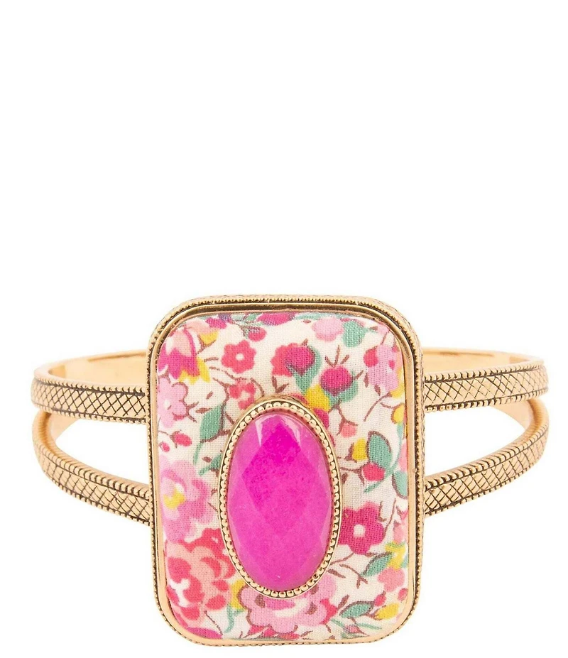 Barse Pink Agate Stone Floral Cuff Bracelet