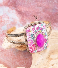 Barse Pink Agate Stone Floral Cuff Bracelet