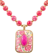 Barse Pink Agate Stone Floral Pendant Necklace