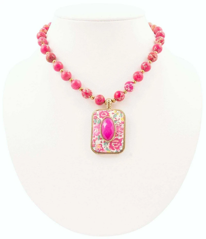Barse Pink Agate Stone Floral Pendant Necklace