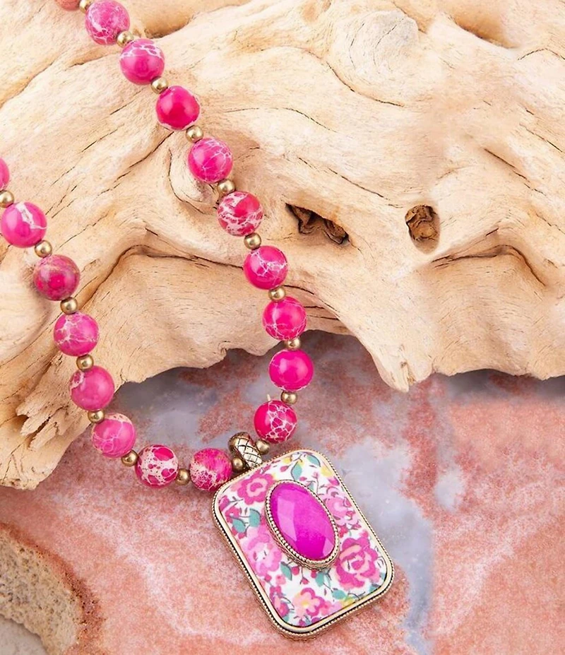 Barse Pink Agate Stone Floral Pendant Necklace