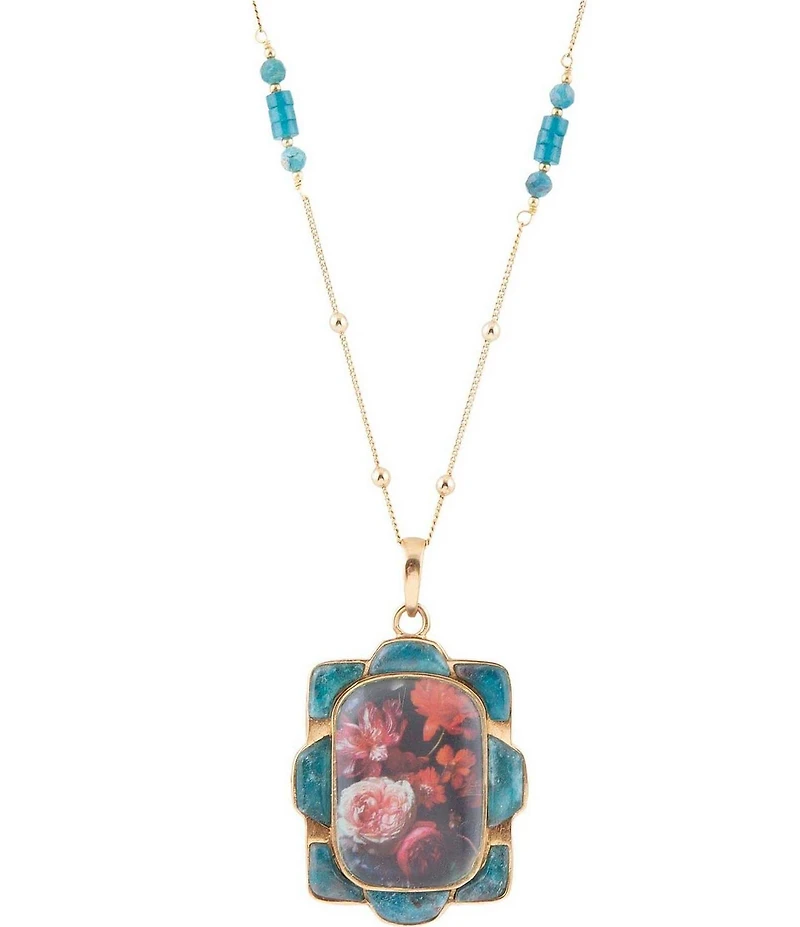 Barse Scenic Red Florals Blue Apatite Golden Pendant Necklace