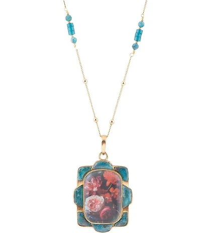 Barse Scenic Red Florals Blue Apatite Golden Pendant Necklace