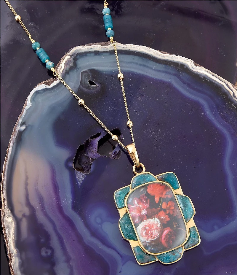 Barse Scenic Red Florals Blue Apatite Golden Pendant Necklace