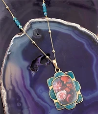 Barse Scenic Red Florals Blue Apatite Golden Pendant Necklace