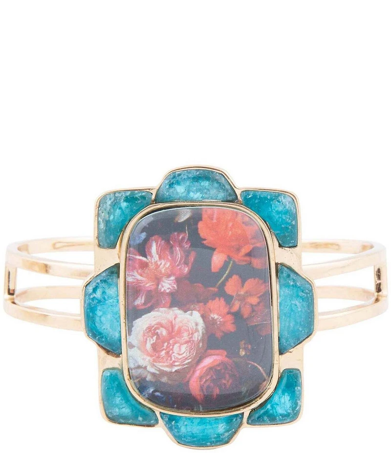 Barse Scenic Red Floral Blue Apatite Golden Cuff Bracelet