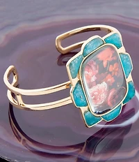 Barse Scenic Red Floral Blue Apatite Golden Cuff Bracelet