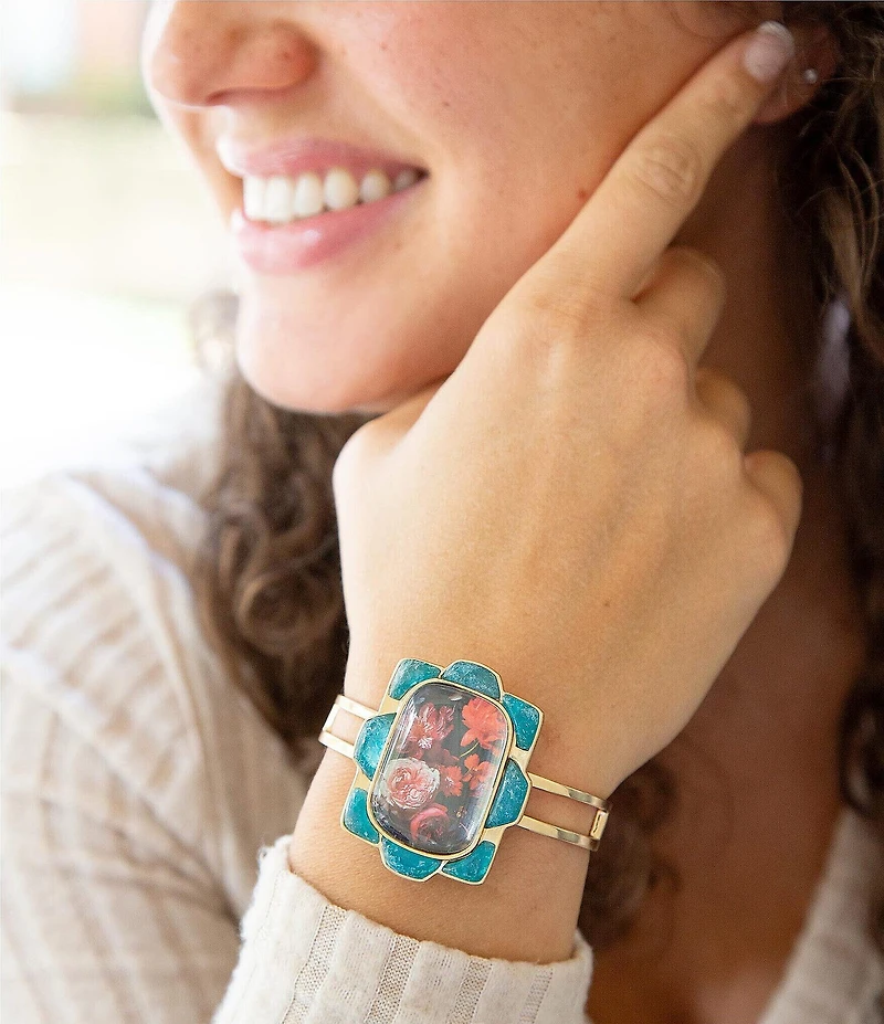 Barse Scenic Red Floral Blue Apatite Golden Cuff Bracelet