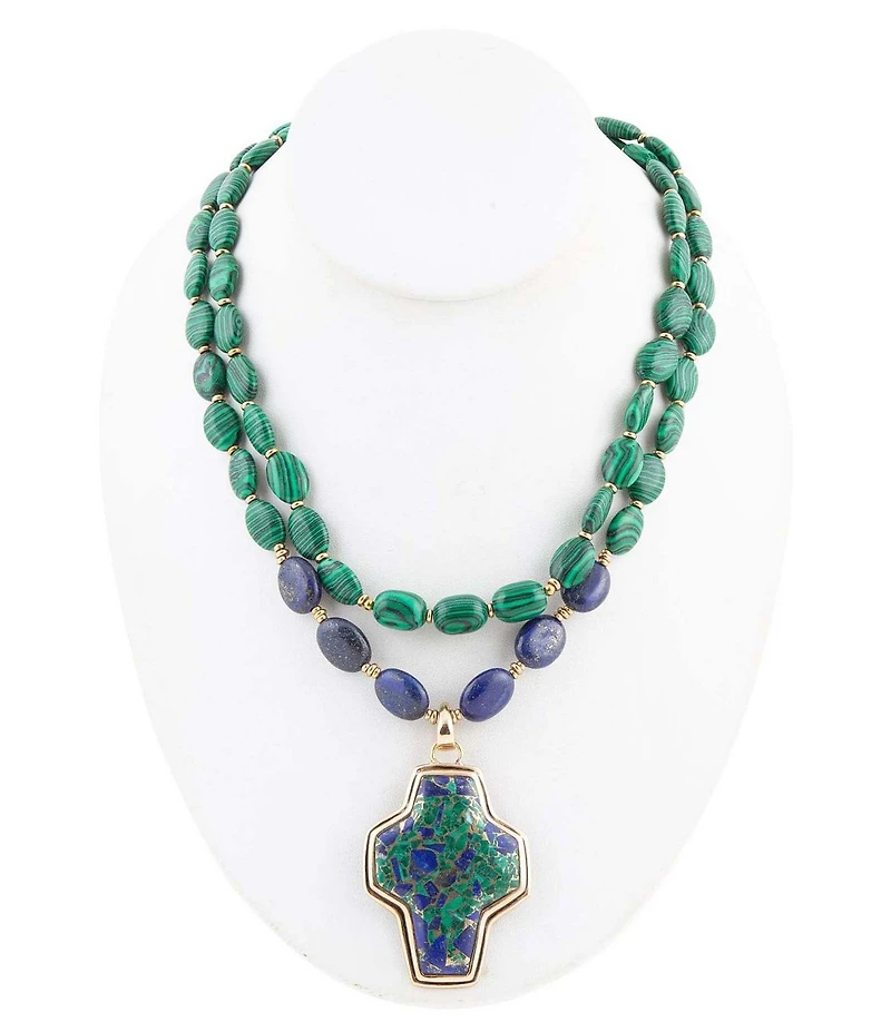 Barse Green Malachite Azurite Cross Statement Golden Necklace