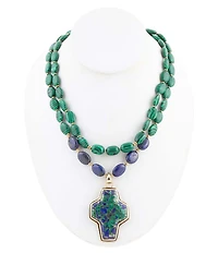 Barse Green Malachite Azurite Cross Statement Golden Necklace