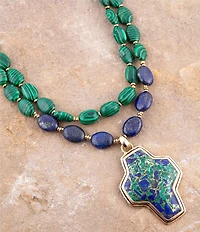 Barse Green Malachite Azurite Cross Statement Golden Necklace