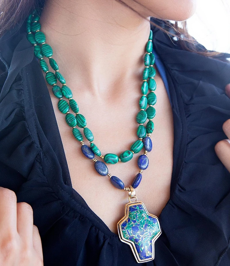 Barse Green Malachite Azurite Cross Statement Golden Necklace