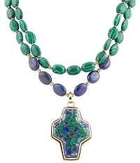 Barse Green Malachite Azurite Cross Statement Golden Necklace