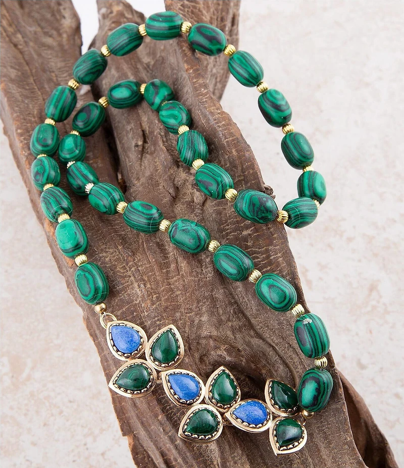 Barse Linked Blue Lapis and Green Malachite Golden Necklace