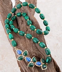 Barse Linked Blue Lapis and Green Malachite Golden Necklace