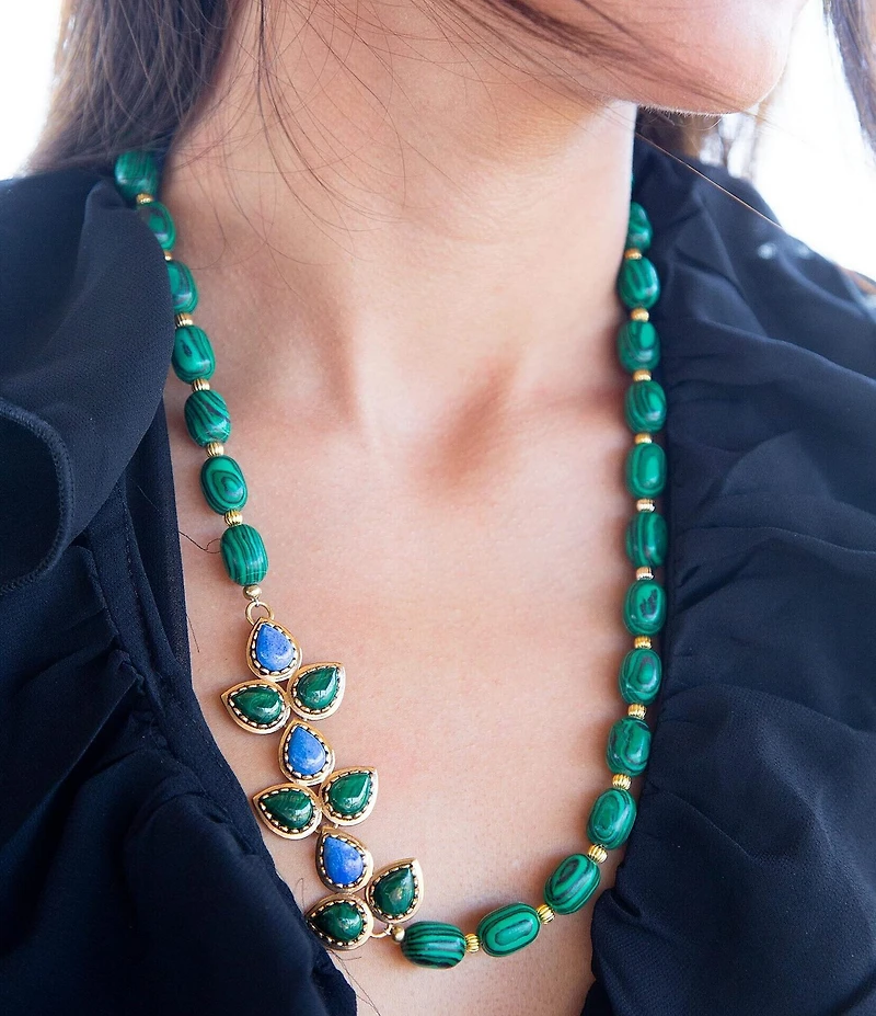 Barse Linked Blue Lapis and Green Malachite Golden Necklace