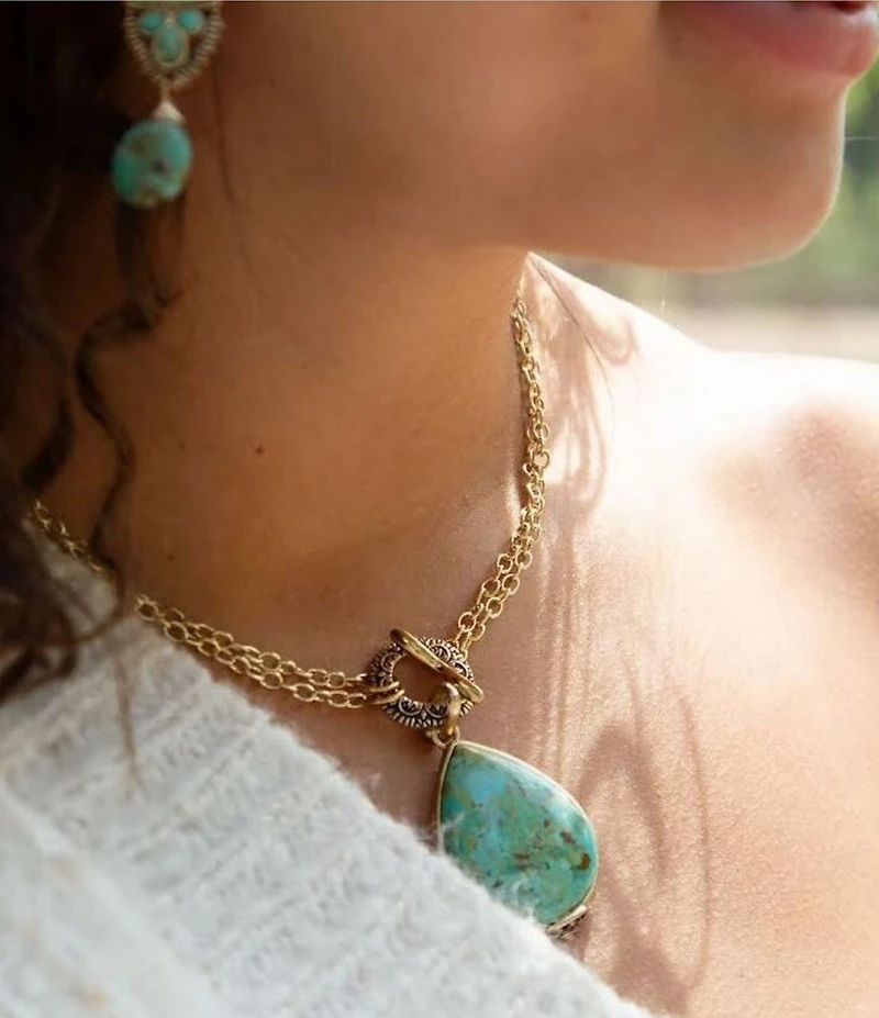 Barse Abby Blue Turquoise and Golden Bronze Pendant Necklace