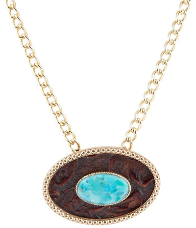 Barse Blue Turquoise Rosette Leather Statement Pendant Golden Chain Necklace