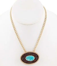 Barse Blue Turquoise Rosette Leather Statement Pendant Golden Chain Necklace