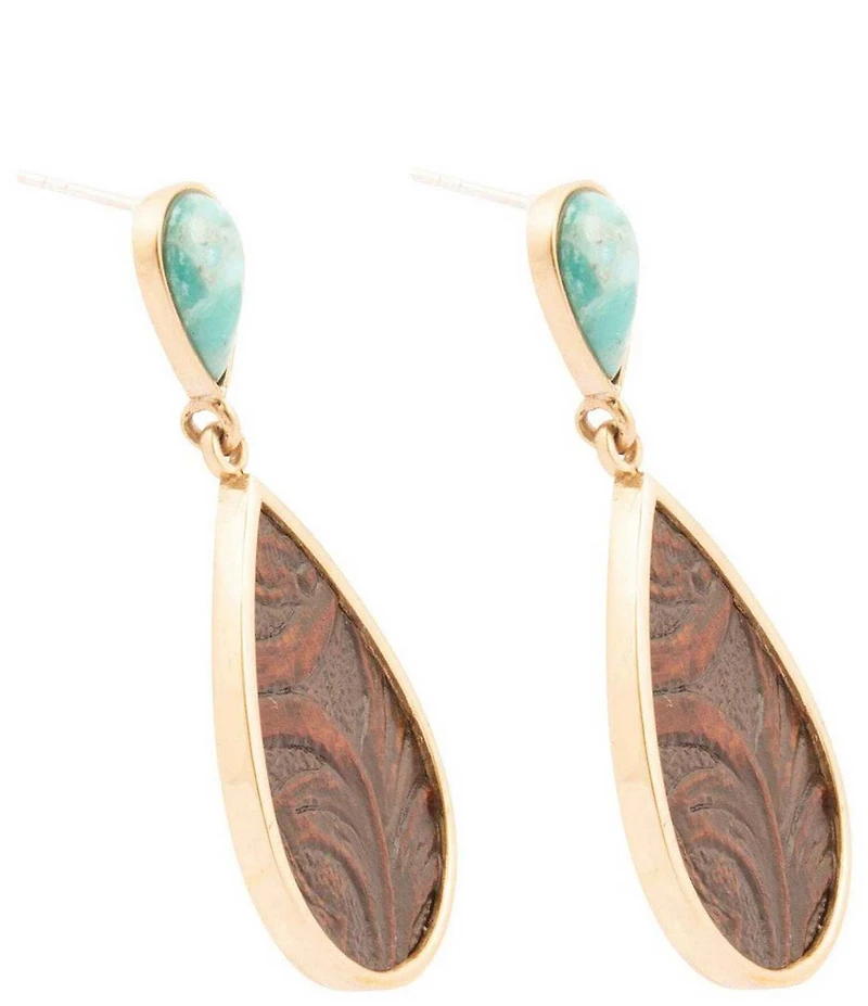 Barse Blue Turquoise Rosette Leather Post Golden Statement Earrings