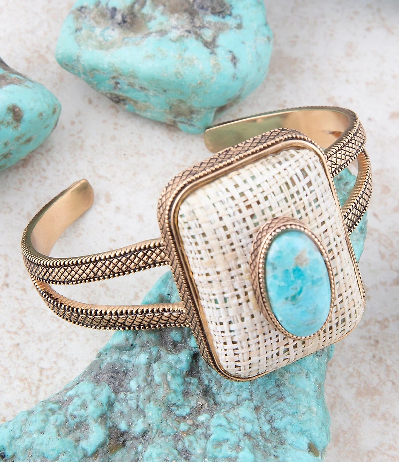 Barse Bronze Genuine Turquoise and Linen Fabric Cuff Bracelet