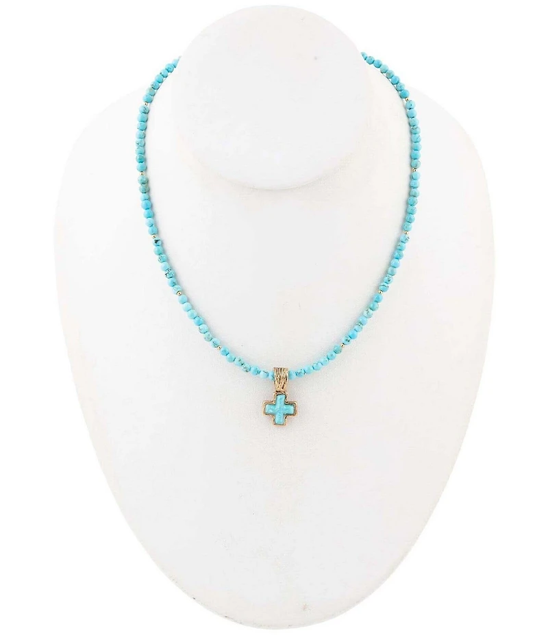 Barse Blue Turquoise Cross Golden Pendant Necklace